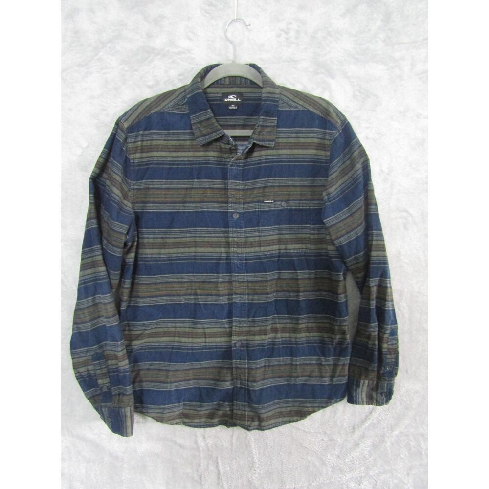 O'Neill M Blue Green Striped‎ Flannel Button Shirt Cotton Surf Skate Casual